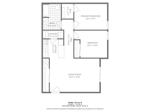 Floor plan for 2 beds, 1 bath, 860 sqft